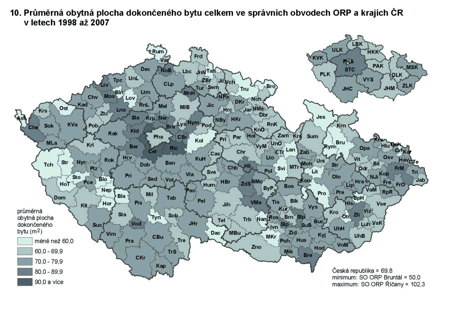 Kartogram 10. Průměrná obytná plocha dokončeného bytu ve správních obvodech ORP a krajích ČR v letech 1998 až 2007